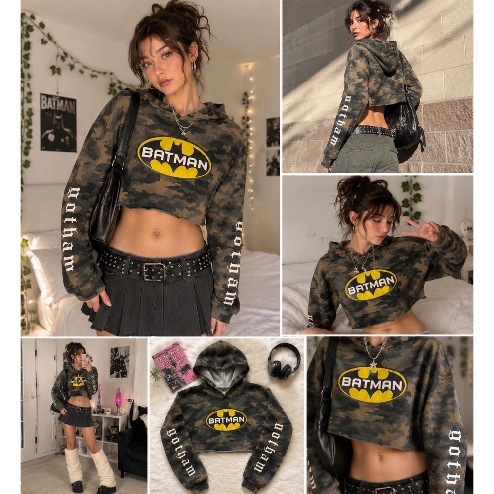 Batman Cropped Hoodie Womens Medium Camo Graphic Sleeve Raw Hem Y2K Goth Casual